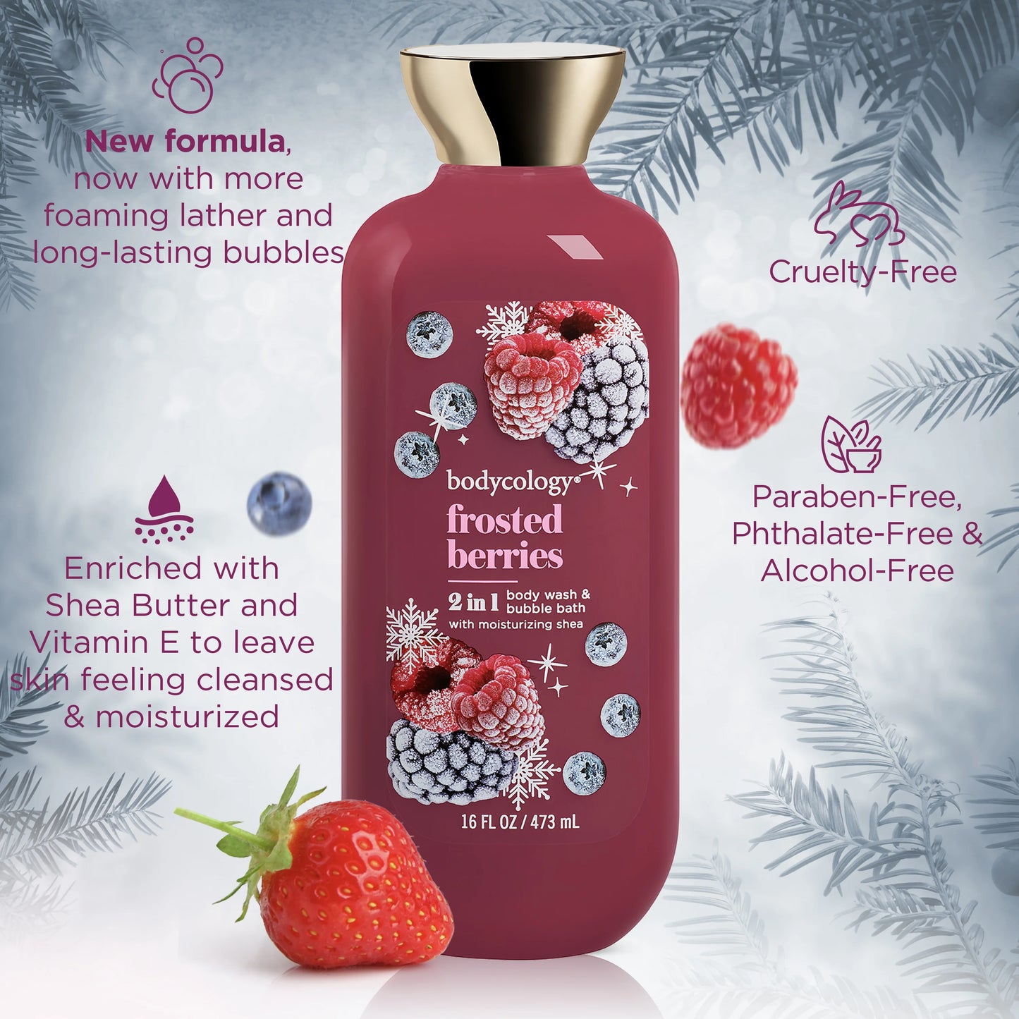 Bodycology Frosted Berries 2 in 1 Body Wash & Bubble Bath 16 fl oz