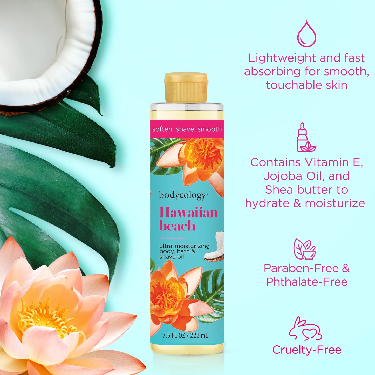 Bodycology Ultra Moisturizing Body, Bath & Shave Oil, Hawaiian Beach, 7.5 fl oz