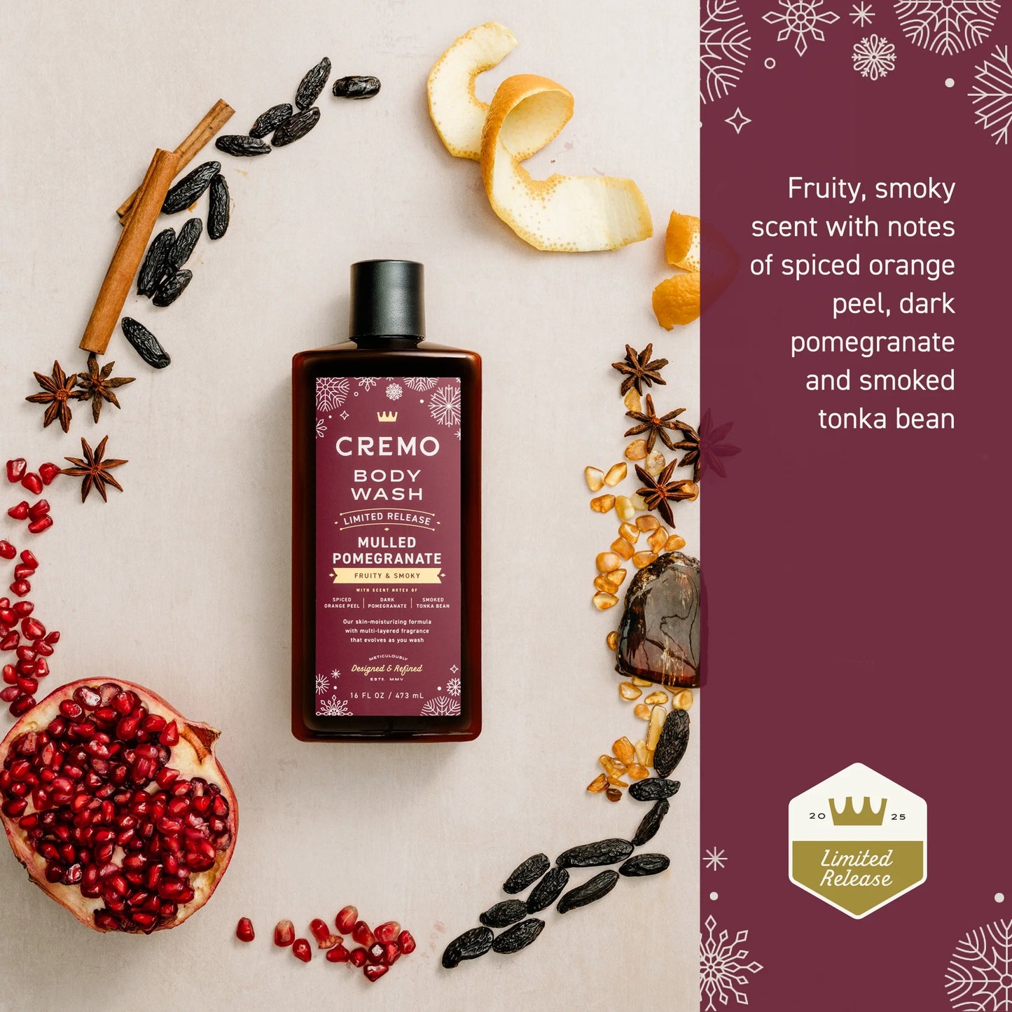 Cremo Holiday Men's Body Wash, Mulled Pomegranate, 16 fl oz