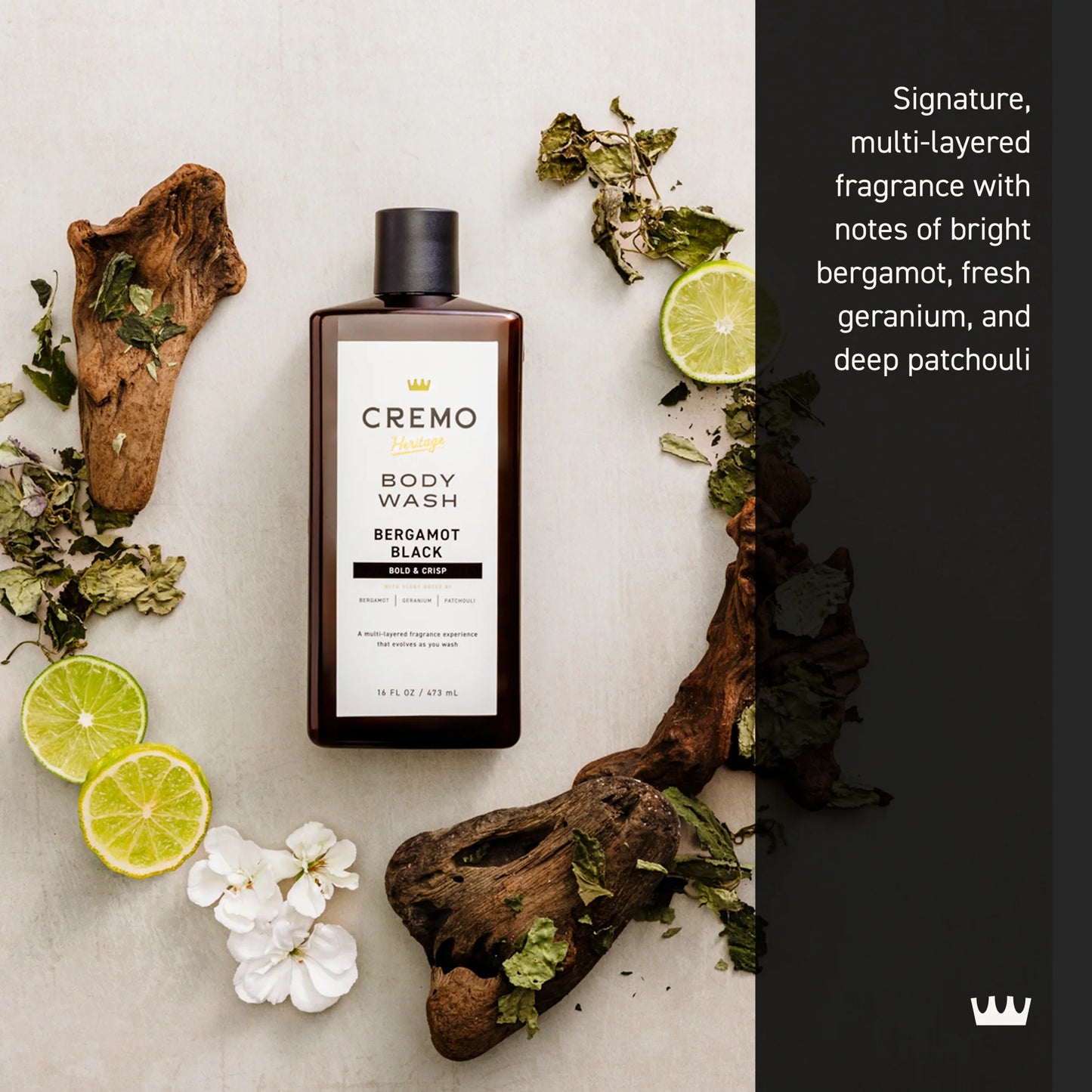 Cremo Mens Body Wash Heritage Black, Bergamot Black Scent, 16 fl oz