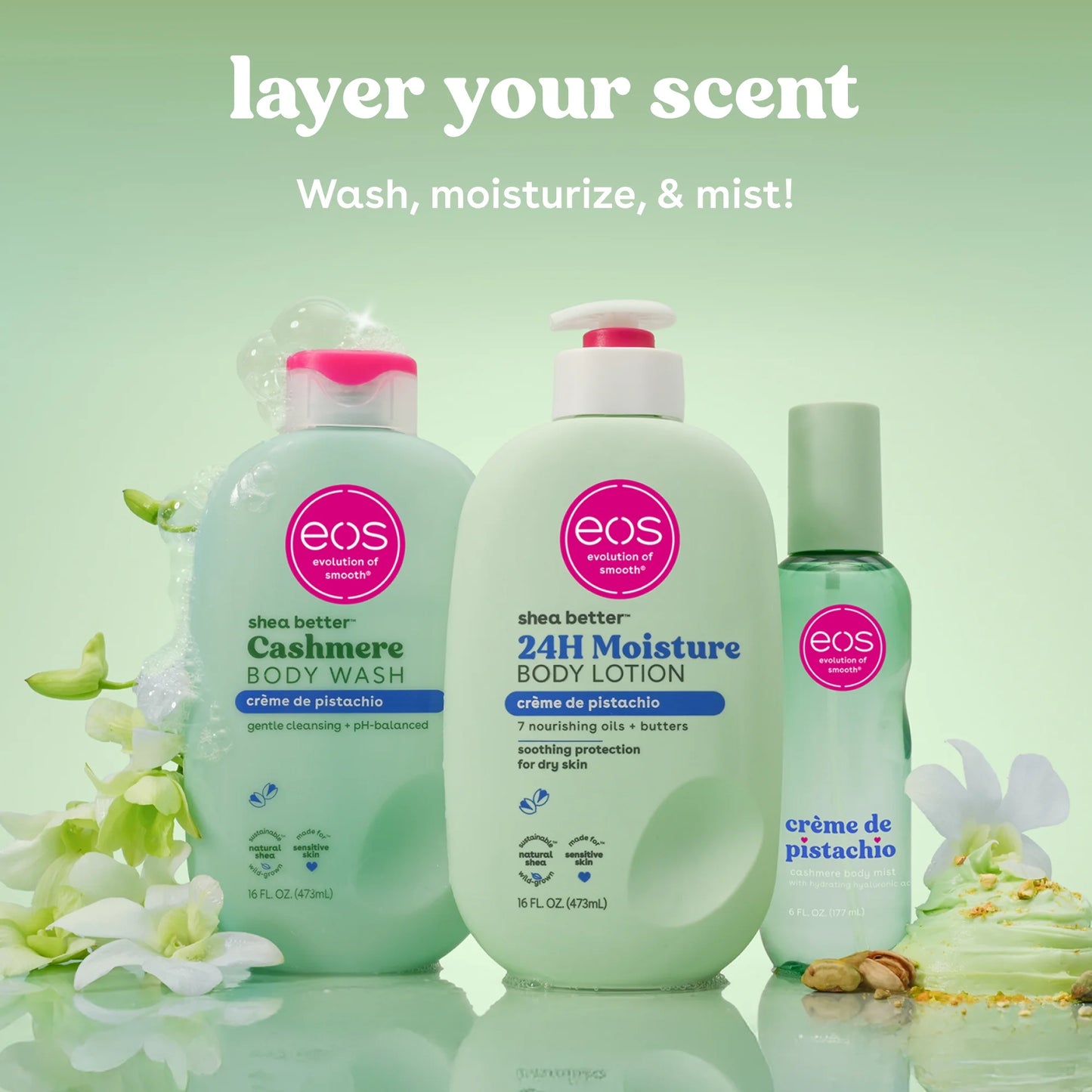 Eos Shea Better Cashmere Body Wash, Crème de Pistachio, Creamy Gel Formula, 16 fl oz.