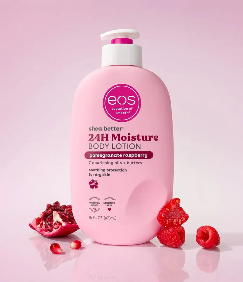 eos Shea Better Body Lotion Pomegranate Raspberry, 24-Hour Moisture Skin Care, Lightweight & Non-Greasy, Natural Shea, Vegan, 16 fl oz