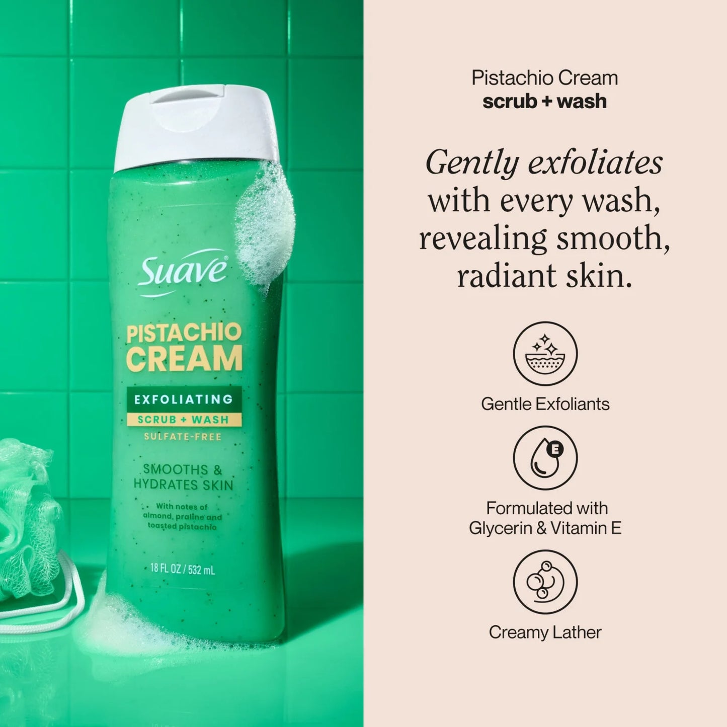 Suave Pistachio Cream Exfoliating Body Wash & Scrub With Glycerin & Vitamin E, 18 FL OZ