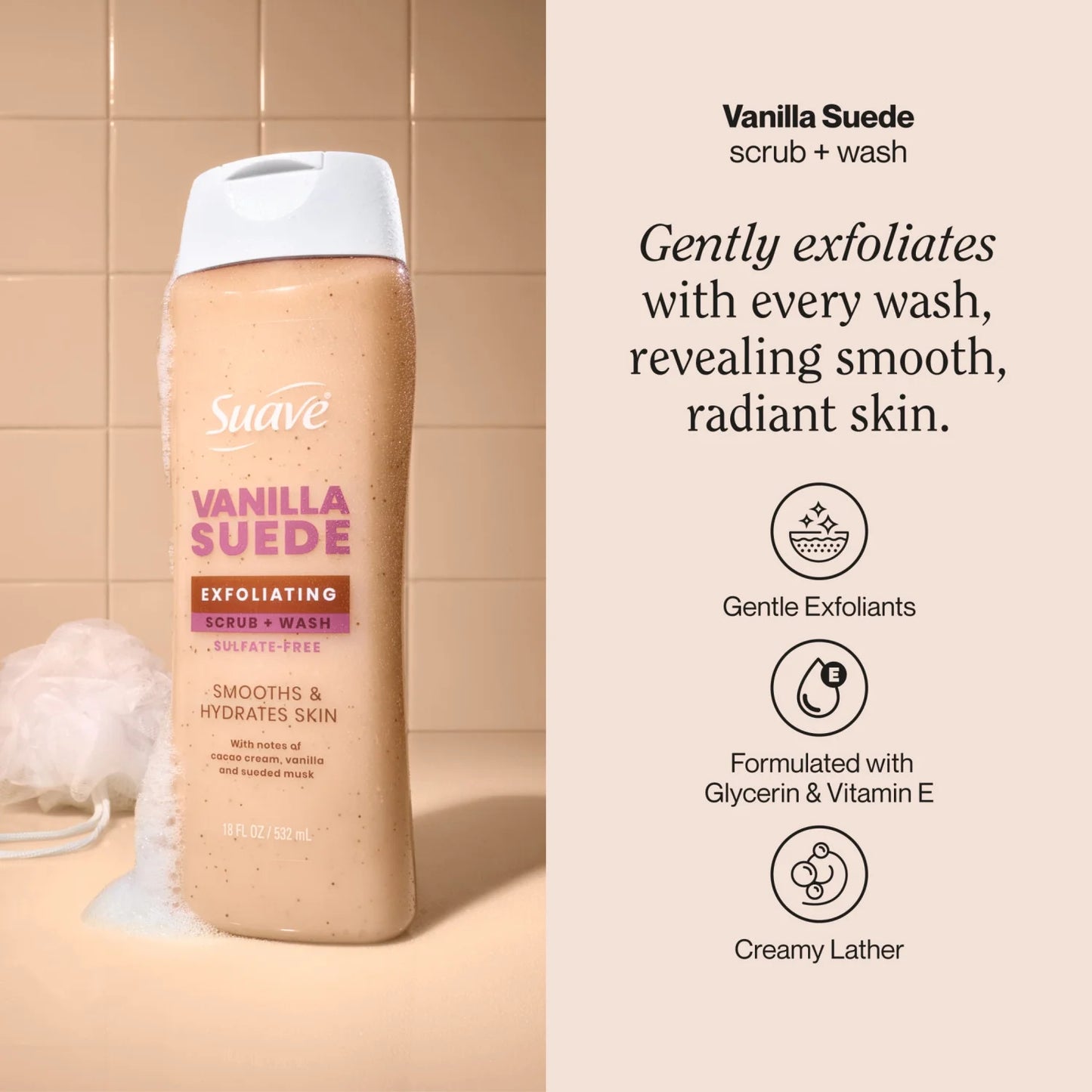 Suave Vanilla Suede Exfoliating Body Wash & Scrub With Glycerin & Vitamin E, 18 FL OZ