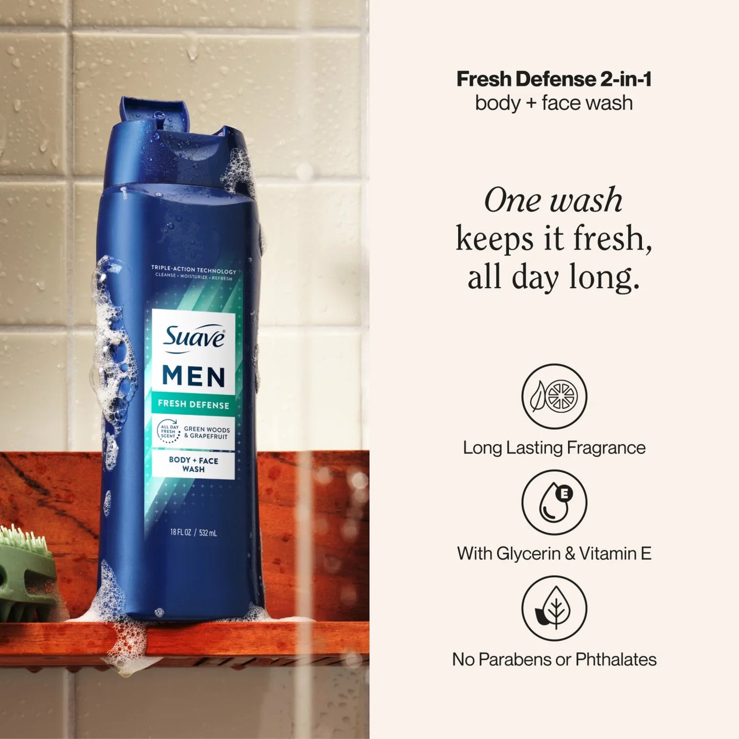 Suave Men Body Wash, Fresh Defense, 18 oz