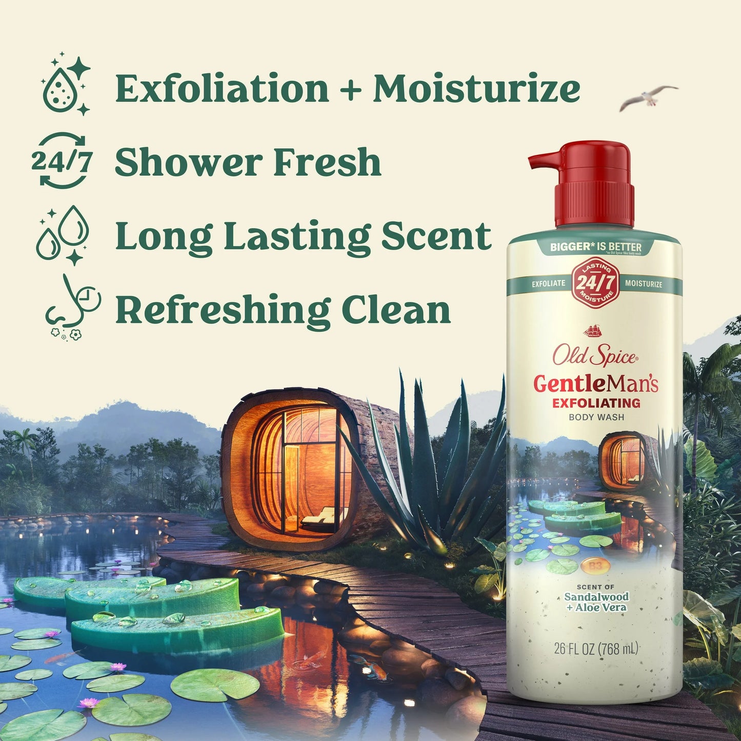 Old Spice Men's Body Wash for Men, Sandalwood and Aloe Vera, 24/7 Shower Fresh,  Exfoliation + Moisturization, 26oz