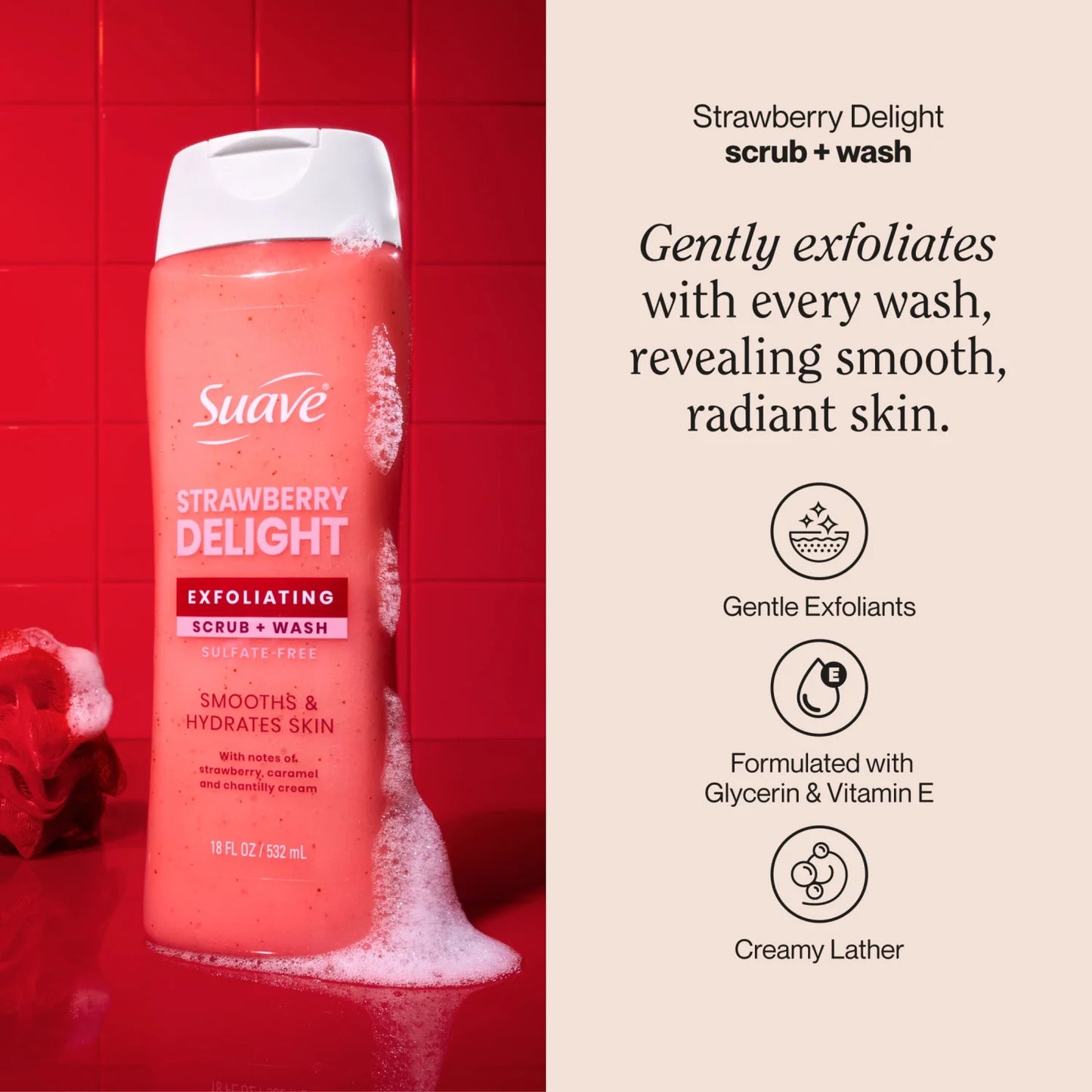 Suave Strawberry Delight Exfoliating Body Wash & Scrub With Glycerin & Vitamin E, 18 FL OZ