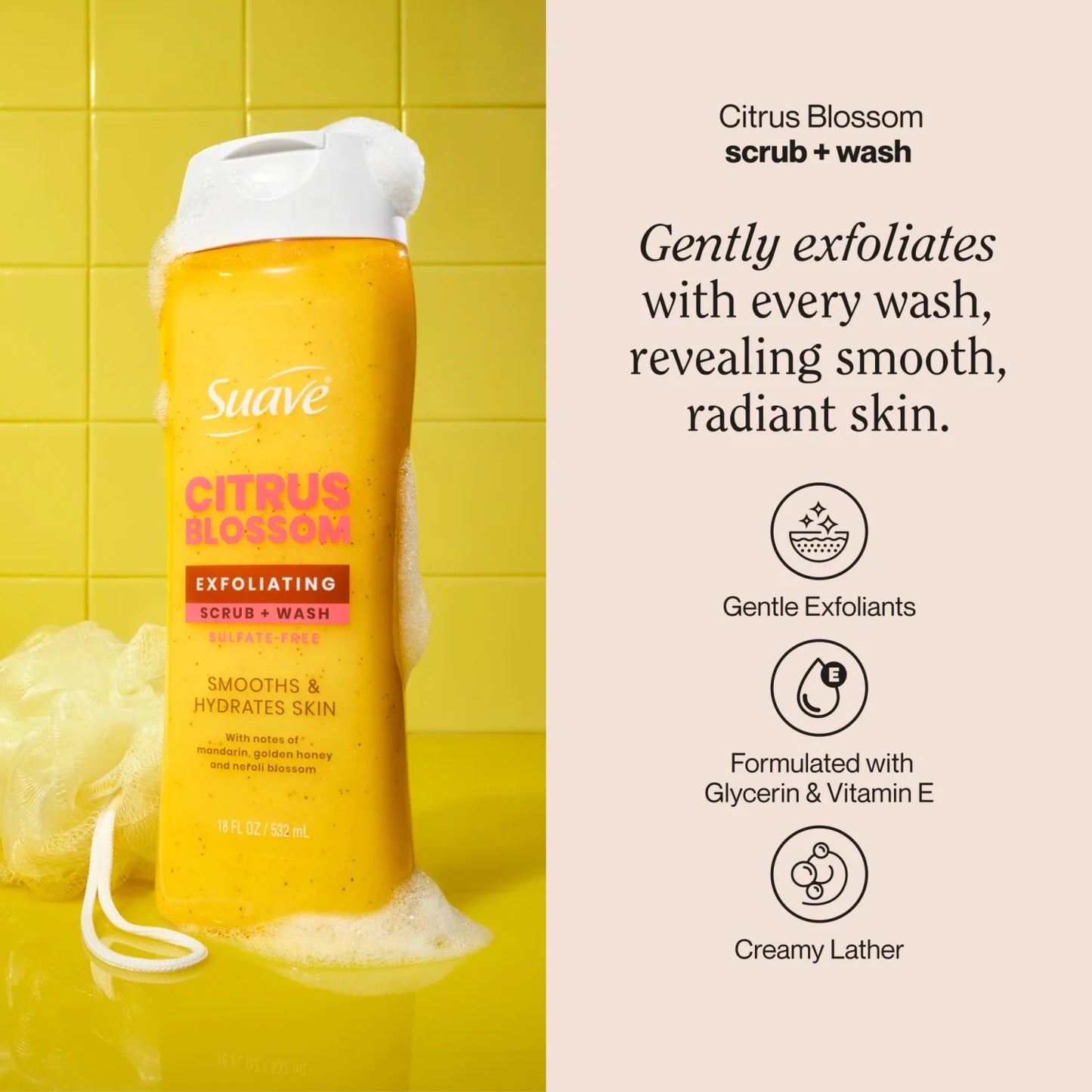 Suave Citrus Blossom Exfoliating Body Wash & Scrub With Glycerin & Vitamin E, 18 FL OZ