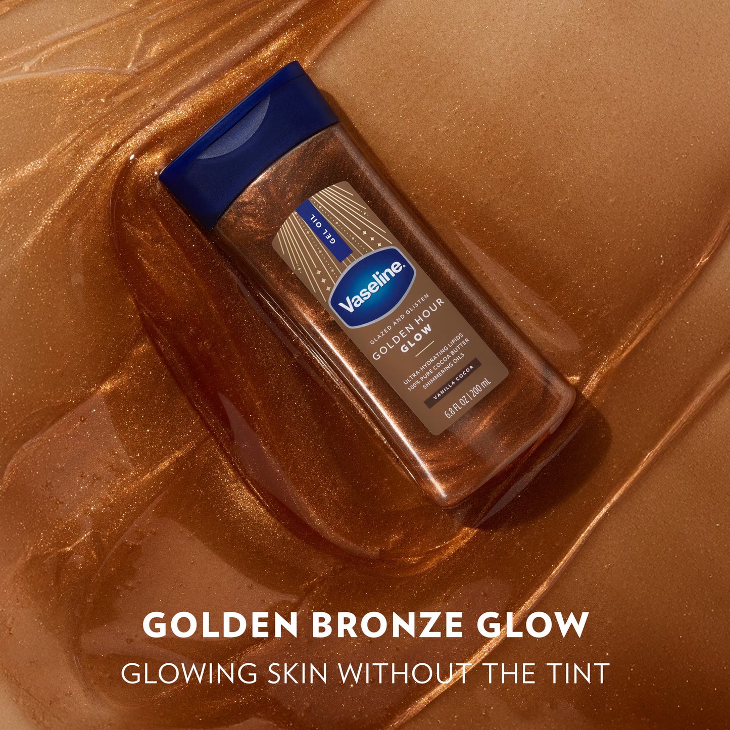 Vaseline Glazed and Glisten Golden Hour Glow Vanilla Cocoa Shimmering Body Gel Oil with Ultra-Hydrating Lipids and 100% Pure Cocoa Butter, 6.8 fl oz