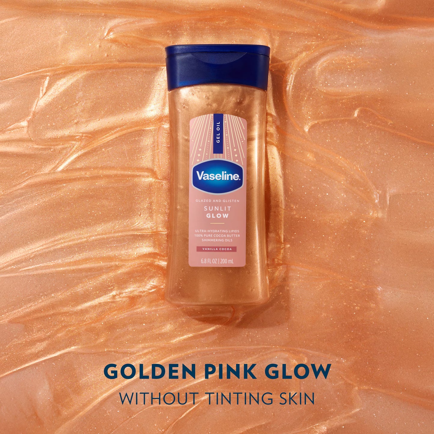 Vaseline Glazed & Glisten Sunlit Glow Vanilla Cocoa Shimmering Body Gel Oil with Ultra-Hydrating Lipids and 100% Pure Cocoa Butter, 6.8 fl Oz