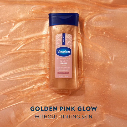 Vaseline Glazed & Glisten Sunlit Glow Vanilla Cocoa Shimmering Body Gel Oil with Ultra-Hydrating Lipids and 100% Pure Cocoa Butter, 6.8 fl Oz